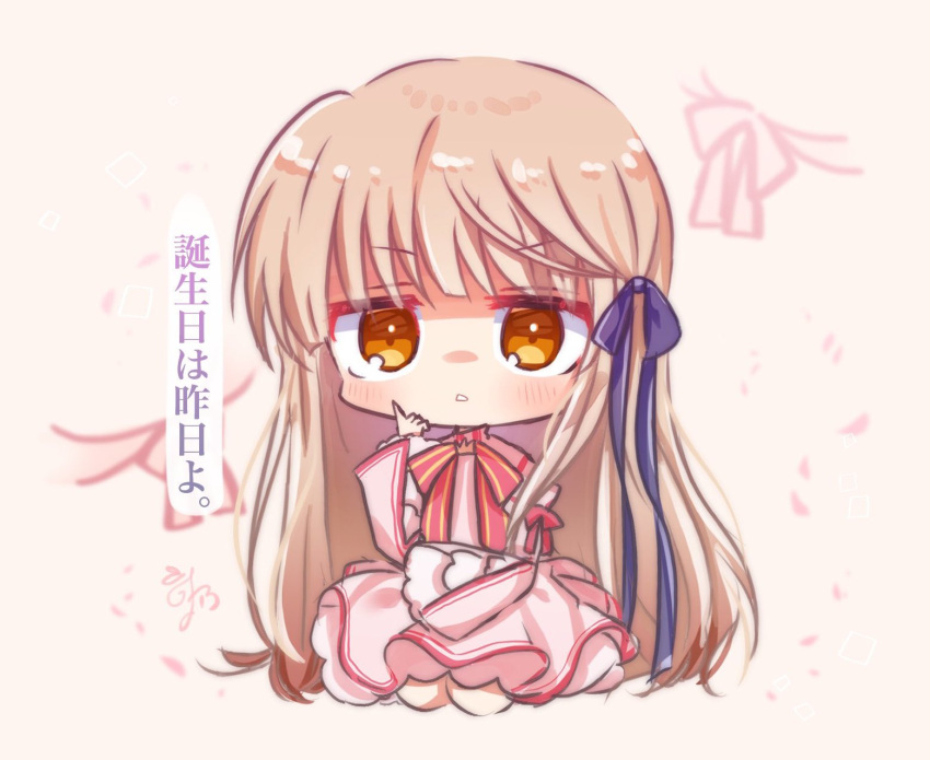 1girl black_ribbon blunt_bangs blush brown_eyes chibi commentary dress hair_ribbon hand_up highres index_finger_raised jitome juliet_sleeves kazamatsuri_institute_high_school_uniform kneeling light_brown_background light_brown_hair long_hair long_sleeves looking_at_viewer neck_ribbon parted_lips pink_dress puffy_sleeves red_ribbon rewrite ribbon school_uniform senri_akane signature simple_background solo straight_hair thinking translated tress_ribbon utuigawa very_long_hair wide_sleeves