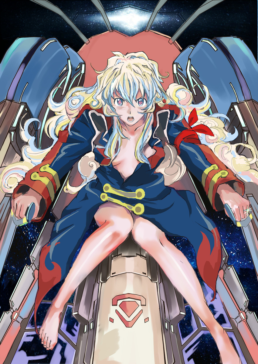 1girl bangs bare_legs barefoot big_hair cloud_hair cockpit curly_hair d: hair_between_eyes highres jewelry knees_together_feet_apart legs long_coat long_hair long_legs long_sleeves looking_at_viewer multicolored_hair naked_coat nia_teppelin noomoi open_mouth ring serious sitting sleeves_past_wrists solo space tengen_toppa_gurren_lagann v-shaped_eyebrows very_long_hair