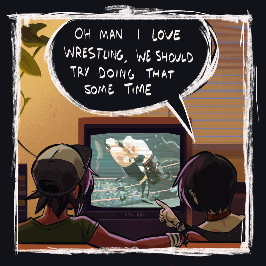 2boys angusburgers black_border border couch english_text hat highres indoors multiple_boys on_couch original speech_bubble watching_television wrestling yaoi