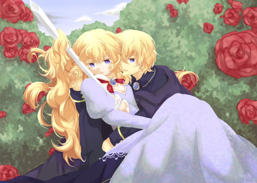 1boy 1girl black_cape black_jacket blonde_hair blue_dress blue_gemstone brooch brother_and_sister cape closed_mouth cloud collar colored_eyelashes day dress drossel_no_tsurugi_(vocaloid) feet_out_of_frame flower gem gown hair_between_eyes hair_flowing_over hand_in_another's_hair holding holding_sword holding_weapon hug implied_incest jacket jewelry juliet_sleeves kagamine_len kagamine_rin long_hair long_sleeves looking_at_another looking_to_the_side neck_ribbon outdoors parted_lips puffy_sleeves purple_eyes red_flower red_ribbon red_rose ribbon rose rose_bush short_hair shouha_(ring-high) siblings sitting sleeve_cuffs sword vocaloid weapon white_collar