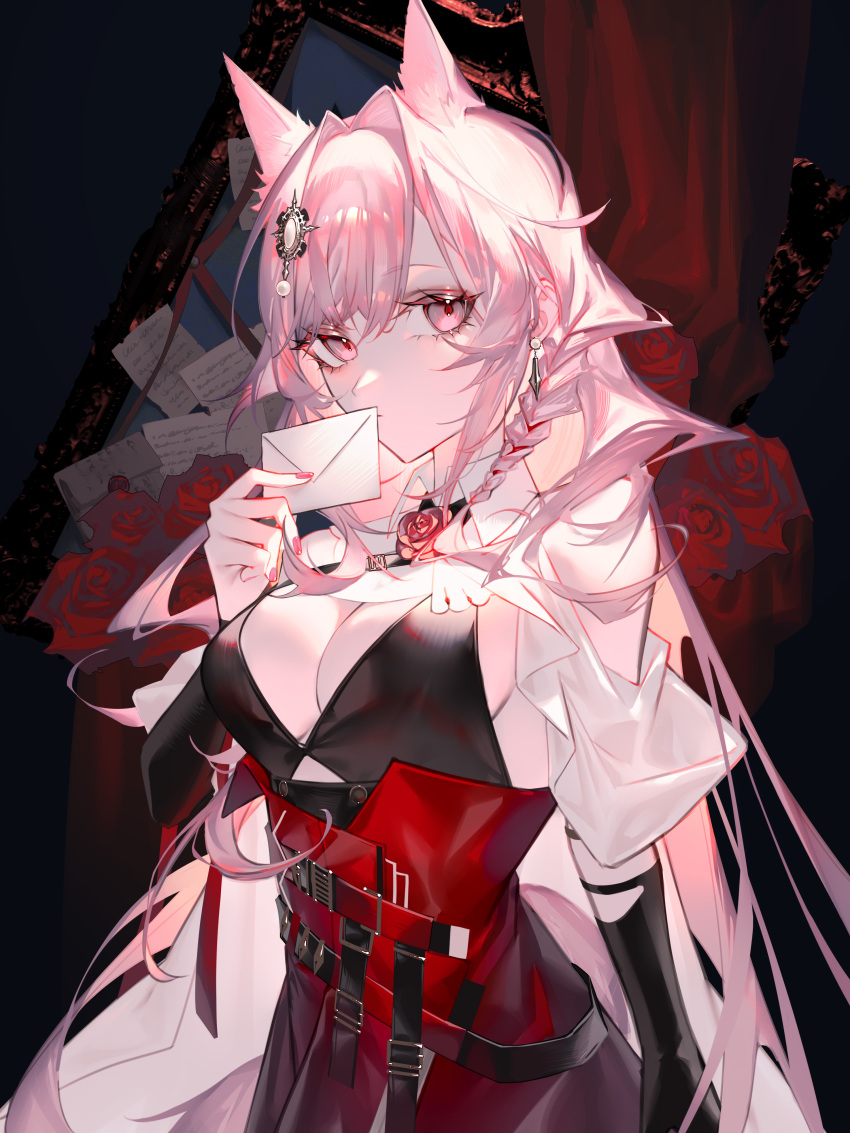 1girl absurdres animal_ear_fluff animal_ears arknights black_background black_dress breasts cleavage commentary covering_own_mouth dress flower furittsu highres holding holding_letter jacket large_breasts letter long_hair looking_at_viewer pink_eyes pink_hair pozyomka_(arknights) red_background red_dress red_flower red_rose rose solo upper_body white_jacket wolf_ears wolf_girl