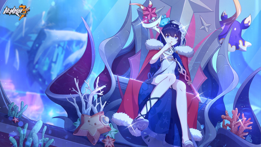 1girl bare_shoulders black_hair blue_eyes blue_hair bob_cut cape china_dress chinese_clothes closed_mouth copyright_name coral_reef crown dress flower full_body gloves hair_flower hair_ornament highres holding holding_staff honkai_(series) honkai_impact_3rd logo looking_at_viewer multicolored_hair official_art open_mouth red_cape second-party_source seele_vollerei seele_vollerei_(stygian_nymph) short_hair sitting sleeveless sleeveless_dress solo staff throne two-tone_hair underwater white_dress white_flower