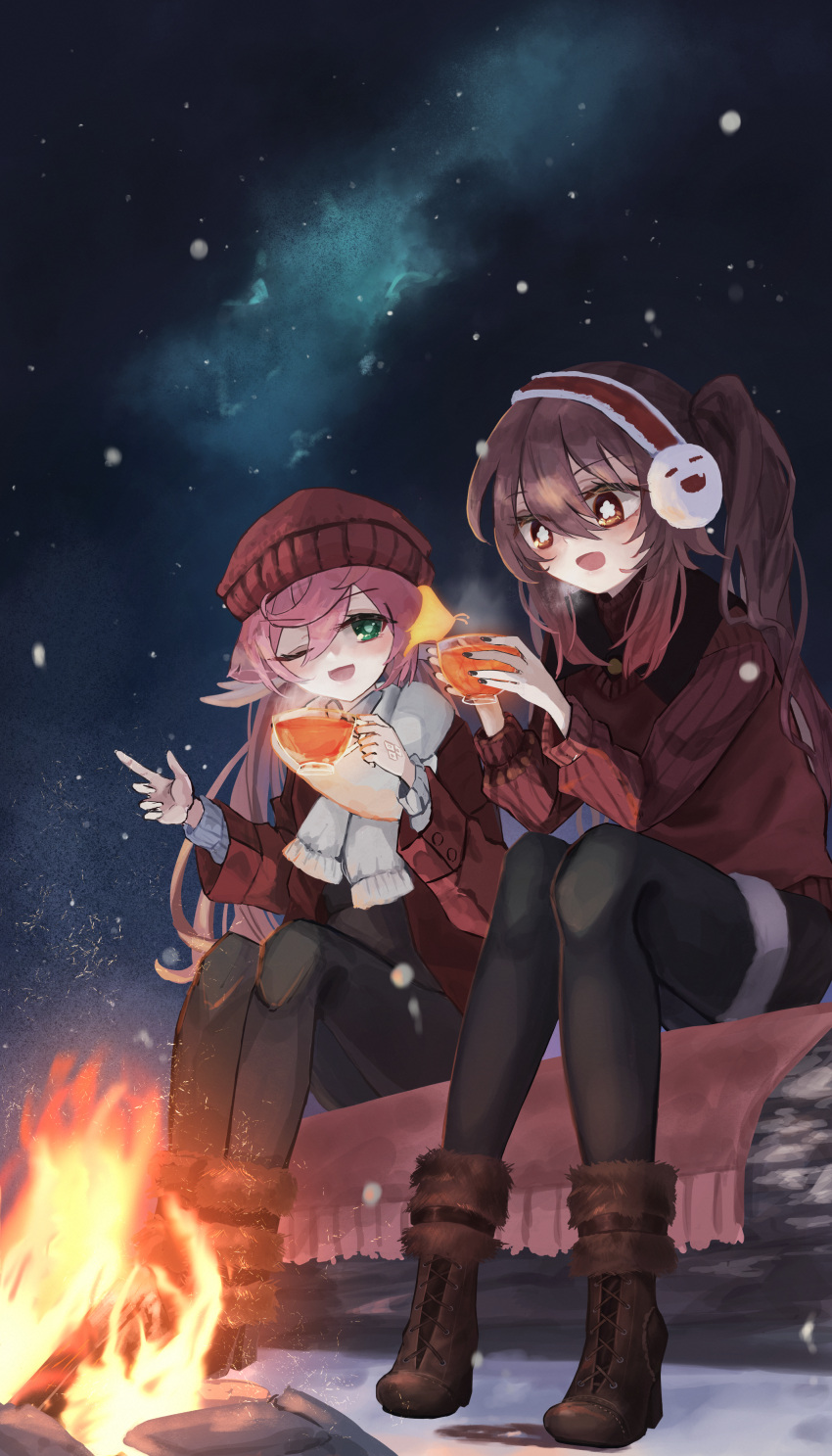 +_+ 2girls absurdres brown_hair bug butterfly campfire camping coat cup gengetuhime genshin_impact highres hu_tao_(genshin_impact) multiple_girls night night_sky open_mouth pink_hair scarf sky smile snow snowing teacup white_scarf winter_clothes winter_coat yanfei_(genshin_impact)