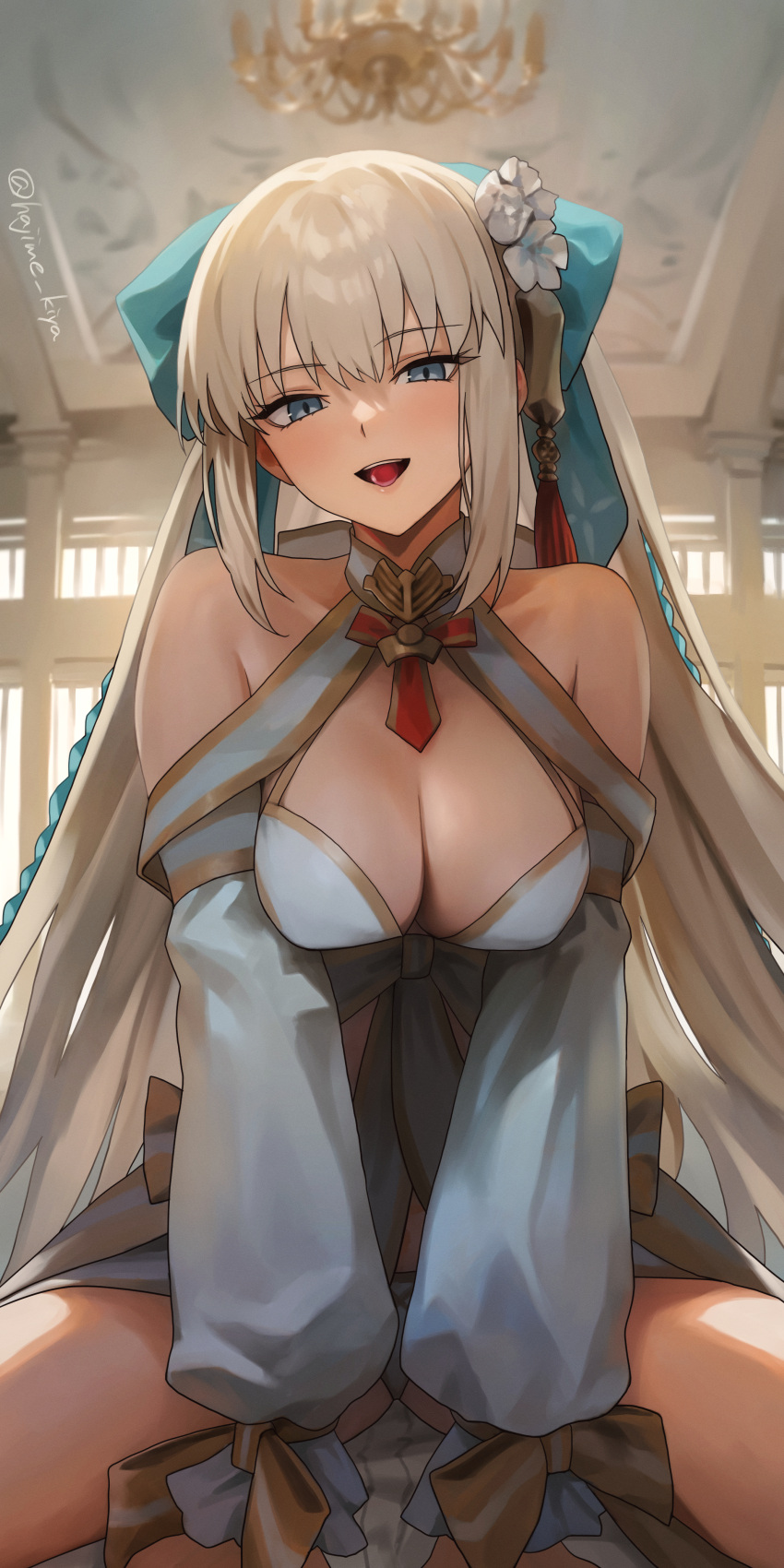 1girl absurdres bare_shoulders bikini blue_eyes blue_hair blush braid breasts cleavage detached_sleeves fate/grand_order fate_(series) flower french_braid gold_trim hair_flower hair_ornament hair_ribbon highres kiya_hajime large_breasts long_hair long_skirt long_sleeves looking_at_viewer morgan_le_fay_(fate) morgan_le_fay_(water_princess)_(fate) open_mouth ponytail puffy_long_sleeves puffy_sleeves ribbon sidelocks skirt smile solo swimsuit thighs twin_braids very_long_hair white_bikini white_hair white_skirt