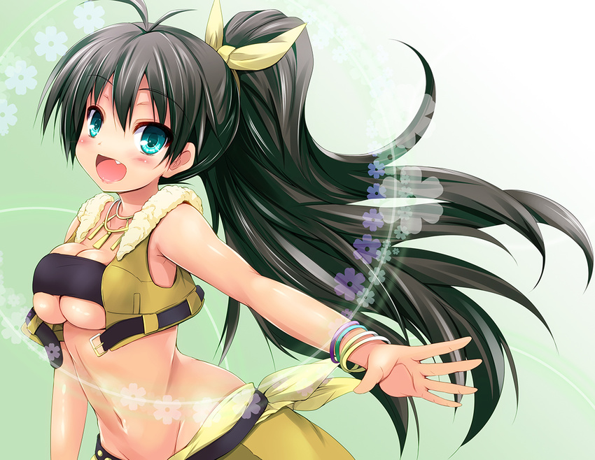 :d antenna_hair aqua_eyes beyond_the_vibes black_hair blush breasts fang ganaha_hibiki groin idolmaster idolmaster_(classic) long_hair medium_breasts navel open_mouth outstretched_arm ponytail sen_(astronomy) smile solo