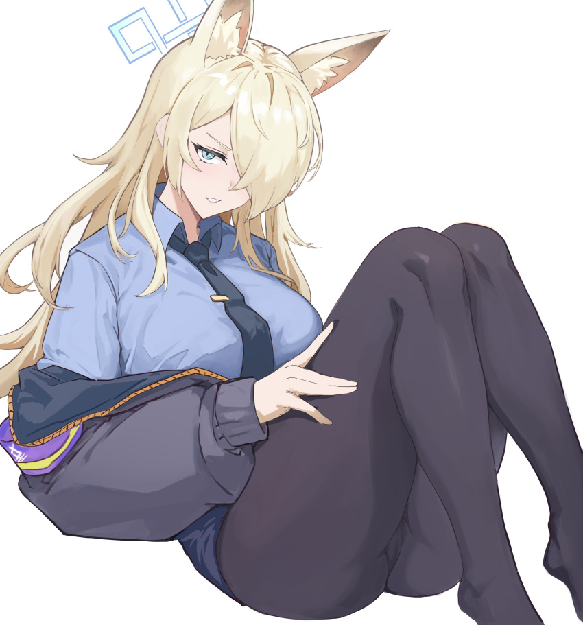 1girl absurdres animal_ear_fluff animal_ears black_jacket black_necktie black_pantyhose black_skirt blonde_hair blue_archive blue_eyes blue_halo blue_shirt breasts clenched_teeth collared_shirt commentary english_commentary extra_ears hair_over_one_eye halo highres jacket kanna_(blue_archive) large_breasts long_hair long_sleeves looking_at_viewer necktie panties panties_under_pantyhose pantyhose sharp_teeth shirt simple_background skirt solo teeth underwear white_background wizast