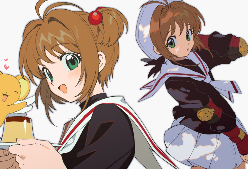 1girl beret black_jacket brown_hair cardcaptor_sakura food green_eyes hat heart highres jacket kero kinomoto_sakura looking_at_viewer looking_back multiple_views pudding qin_(7833198) school_uniform short_hair skirt smile solo tomoeda_elementary_school_uniform white_background white_headwear white_skirt