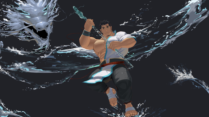 1boy abs absurdres bandaged_foot bandages bara black_background black_hair black_pants chinese_clothes dragon facial_hair goatee highres holding holding_polearm holding_weapon hydrokinesis large_pectorals long_sideburns looking_at_viewer male_focus muscular muscular_male original pants pectorals polearm short_hair sideburns simple_background single_bare_shoulder solo tanglijianxue thick_eyebrows water water_dragon weapon