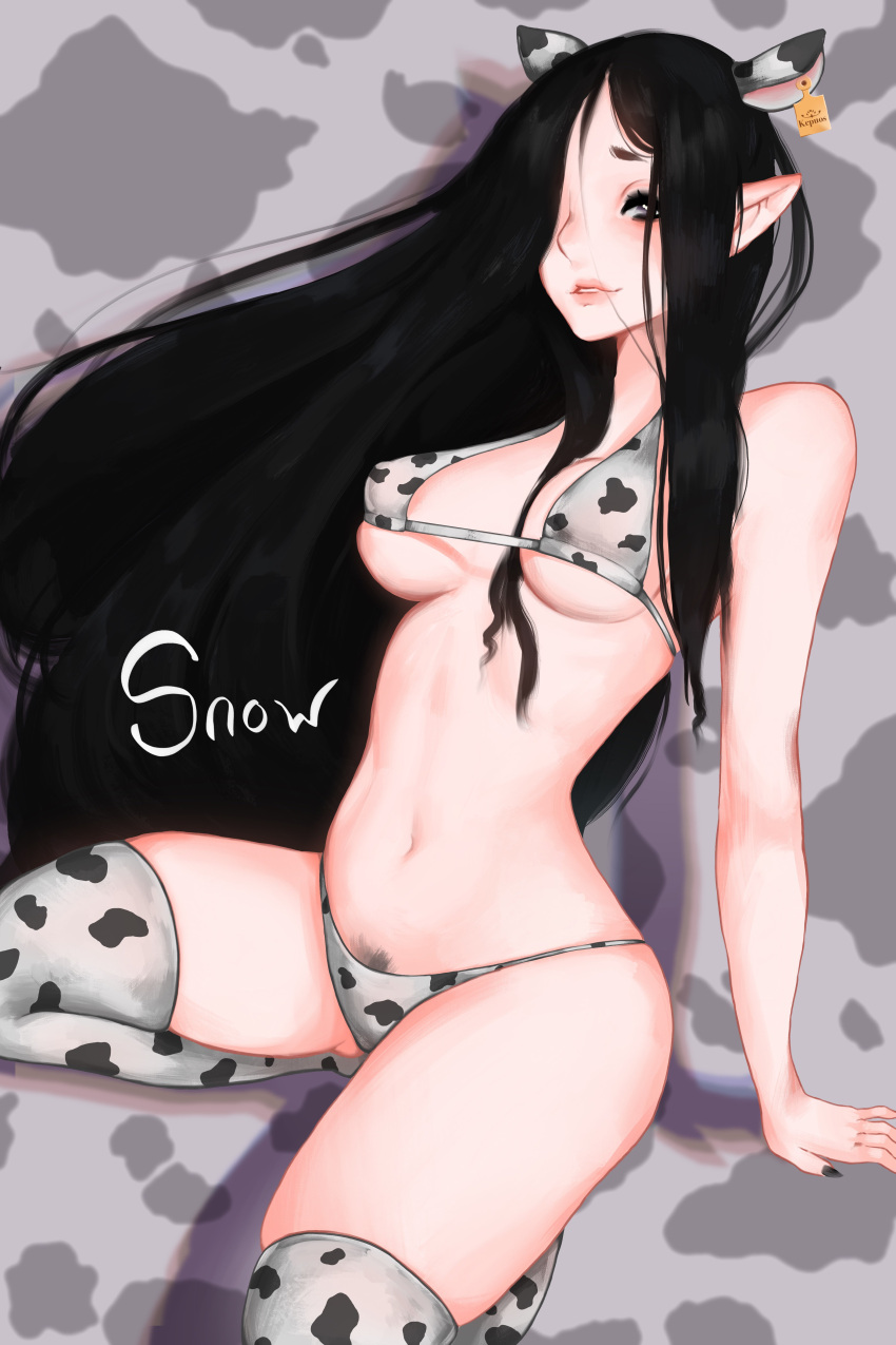 2:3 absurd_res animal_ears animal_humanoid animal_print animal_print_bikini bikini black_hair bovid bovid_humanoid bovine bovine_humanoid breasts cattle_humanoid clothing cow_print cow_print_bikini cow_print_thighhighs ear_tag eyelashes female grey_background grey_eyes grey_pubes hair hair_over_eye hi_res humanoid humanoid_pointy_ears legwear long_hair looking_at_viewer mammal mammal_humanoid navel nipple_outline one_eye_obstructed pattern_background pattern_bikini pattern_clothing pattern_swimwear pube_peek pubes simple_background solo squishhee swimwear tan_body tan_skin thick_thighs thigh_highs wide_hips