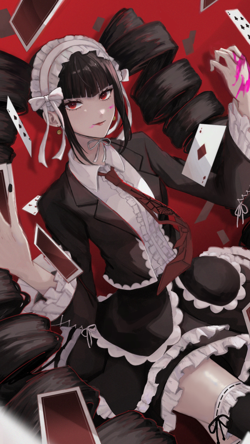 1girl aimomushi black_hair blood bonnet card celestia_ludenberg center_frills cowboy_shot danganronpa:_trigger_happy_havoc danganronpa_(series) drill_hair earrings frills gothic_lolita highres jacket jewelry layered_skirt lolita_fashion long_hair long_sleeves looking_at_viewer necktie pink_blood playing_card red_background red_eyes red_necktie revision shiny_skin shirt skirt smile solo thighhighs twin_drills twintails