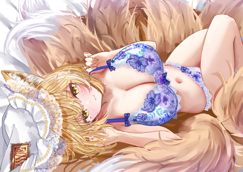 1girl animal_ears blonde_hair blue_bra blue_panties blush bra breasts cleavage closed_mouth fox_ears fox_tail hat highres large_breasts looking_at_viewer mob_cap multiple_tails navel panties sarasadou_dan short_hair solo tail touhou underwear white_headwear yakumo_ran yellow_eyes