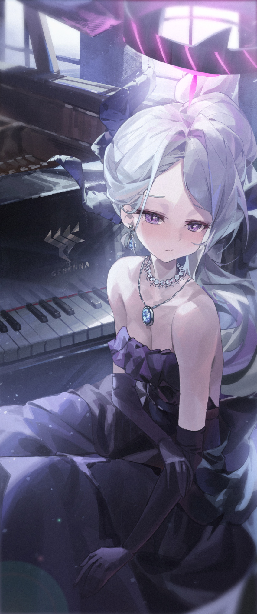 1girl absurdres black_horns blue_archive blush breasts chun_nam closed_mouth dangle_earrings demon_horns dress earrings elbow_gloves gloves grand_piano highres hina_(blue_archive) hina_(dress)_(blue_archive) horns instrument jewelry long_hair multiple_horns necklace official_alternate_costume official_alternate_hairstyle pendant piano piano_keys purple_dress purple_eyes purple_gloves small_breasts solo strapless strapless_dress white_hair