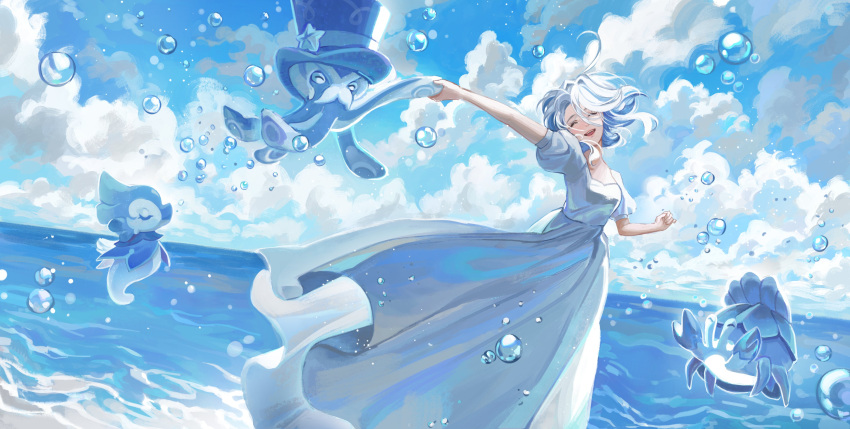 1girl absurdres alternate_costume blue_sky breasts cloud cloudy_sky cowlick floating_hair furina_(genshin_impact) genshin_impact gentilhomme_usher happy highres horizon lankie mademoiselle_crabaletta medium_breasts ocean outstretched_arm puffy_short_sleeves puffy_sleeves short_hair short_sleeves sky solo surintendante_chevalmarin water_drop white_hair