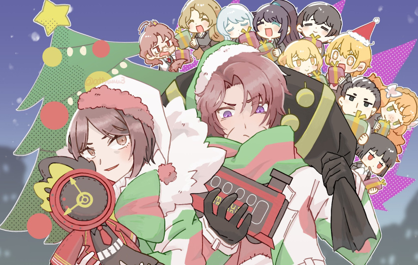 6+boys 6+girls alternate_skin_color asage_(attyuuu3) bow bowtie brown_eyes brown_hair character_doll christmas_tree closed_mouth dante_(limbus_company) don_quixote_(project_moon) e.g.o_(project_moon) faust_(project_moon) green_bow green_bowtie green_scarf gregor_(project_moon) hat heathcliff_(project_moon) highres holding holding_toy hong_lu_(project_moon) ishmael_(project_moon) limbus_company mephistopheles_(project_moon) meursault_(project_moon) multiple_boys multiple_girls outis_(project_moon) parted_bangs parted_lips project_moon purple_eyes rodion_(project_moon) ryoshu_(project_moon) scar scar_on_face scarf sinclair_(project_moon) smile sweater toy toy_train white_headwear white_sweater yi_sang_(project_moon)