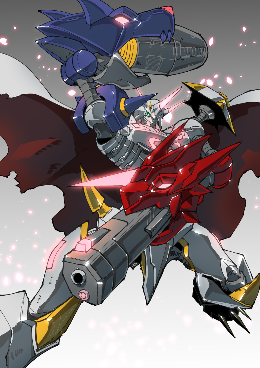 absurdres amakawa_mayu arm_cannon armor blue_eyes cape claws digimon digimon_(creature) dual_wielding glowing gradient_background green_eyes grey_background grey_cape highres holding horns mecha no_humans omegamon omegamon_alter-s red_cape robot solo spikes torn_cape torn_clothes two-sided_cape two-sided_fabric weapon