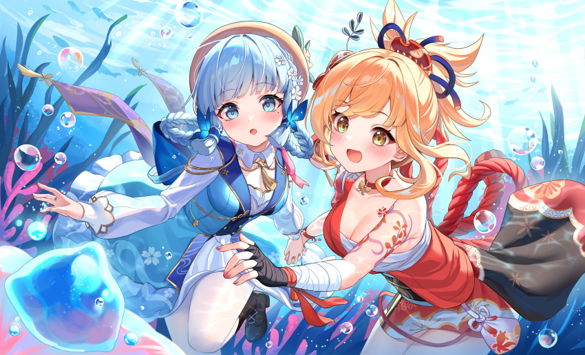 2girls absurdres arm_tattoo bandaged_arm bandaged_hand bandages blonde_hair blue_dress blue_eyes blue_hair blush breasts butterfly_hair_ornament chest_sarashi chest_tattoo choker dress flower genshin_impact hadanugi_dousa hair_flower hair_ornament hat highres holding_hands japanese_clothes kamisato_ayaka kamisato_ayaka_(springbloom_missive) kimono lalazyt large_breasts light_blue_hair long_sleeves looking_at_viewer medium_breasts mole mole_under_eye multiple_girls official_alternate_costume official_alternate_hairstyle open_mouth orange_kimono ponytail revision sarashi smile tattoo underwater yellow_eyes yoimiya_(genshin_impact)