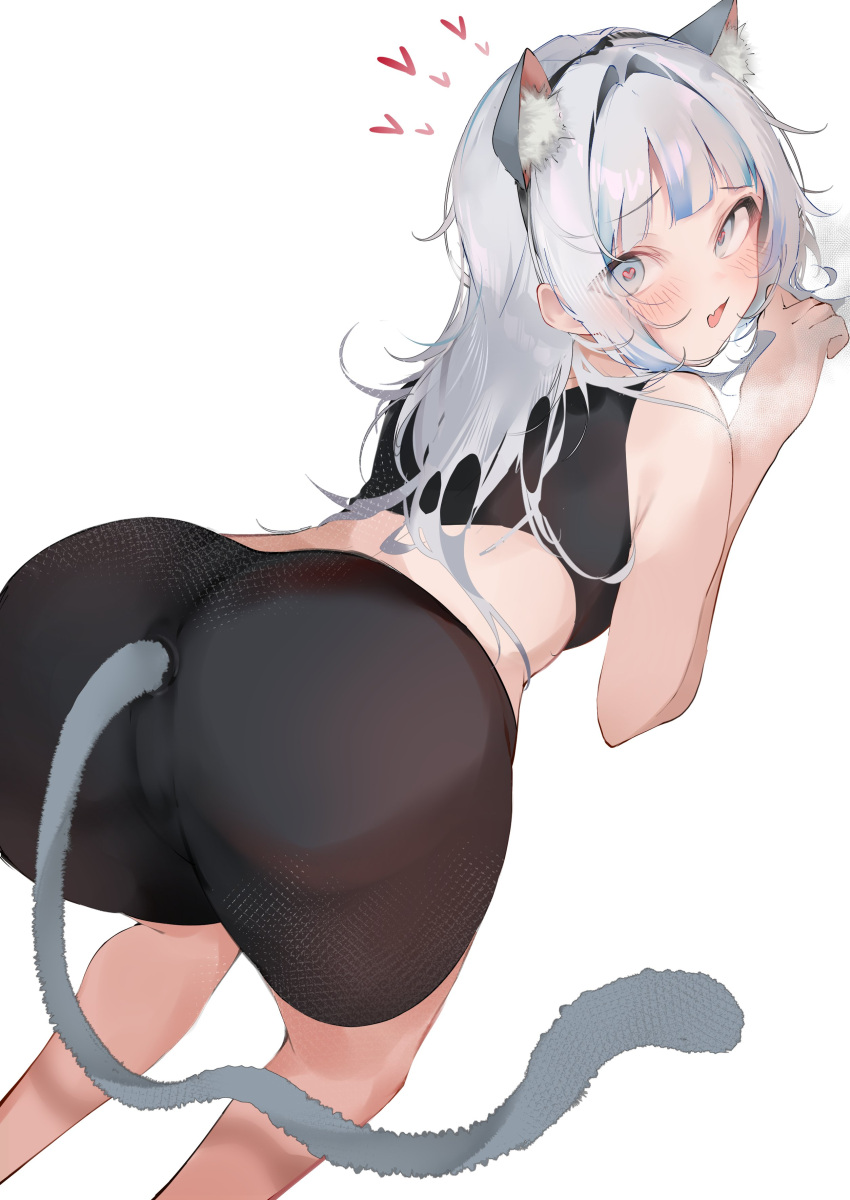 1girl absurdres anal_tail animal_ear_fluff animal_ears ass bare_arms bare_shoulders bike_shorts black_shorts black_sports_bra blue_eyes blue_hair blush cat_ears cat_tail commentary crop_top fake_tail fang gawr_gura heart heart-shaped_pupils heavy_breathing highres hololive hololive_english leaning_forward looking_at_viewer looking_back medium_hair midriff multicolored_hair open_mouth pepq shorts simple_background skin_fang solo sports_bra streaked_hair symbol-only_commentary symbol-shaped_pupils tail virtual_youtuber white_background