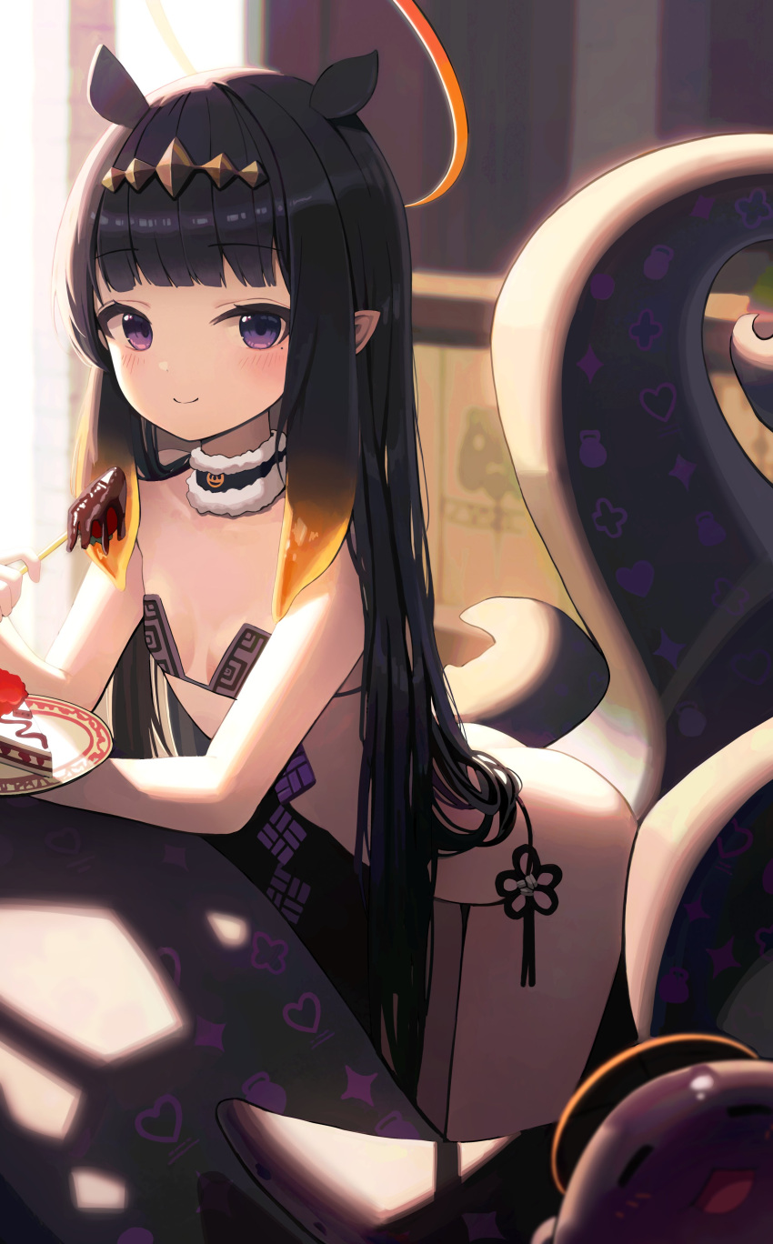 1girl absurdres bare_arms bare_shoulders bikini black_bikini black_choker black_hair blunt_bangs blush breasts cake cake_slice choker closed_mouth commentary diamond_hairband ellaje feet_out_of_frame food fur_choker gradient_hair halo hand_out_of_frame highres hololive hololive_english indoors long_hair looking_at_viewer mole mole_under_eye multicolored_hair ninomae_ina'nis ninomae_ina'nis_(1st_costume) orange_halo pointy_ears purple_eyes sidelighting small_breasts smile solo standing straight_hair swimsuit tentacle_hair tentacles very_long_hair virtual_youtuber