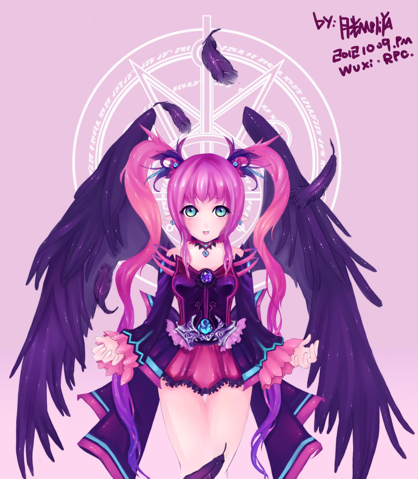 absurdres black_wings dnf dungeon_and_fighter feathers highres mage mage_(dungeon_and_fighter) pink_hair twintails wings