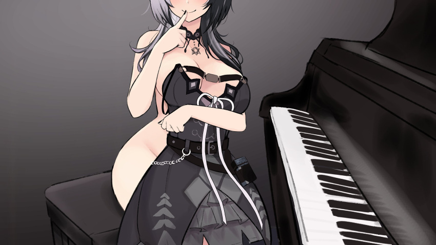 1girl black_choker black_dress black_hair black_nails blush breasts choker dress finger_to_mouth grey_hair highres holding holding_clothes hololive hololive_english instrument large_breasts long_hair m_r_b multicolored_hair nail_polish nude piano piano_bench shiori_novella shiori_novella_(1st_costume) sitting smile solo split-color_hair two-tone_hair unworn_clothes virtual_youtuber