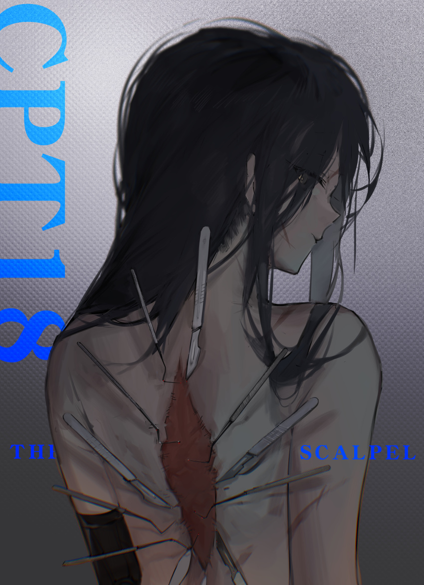 1girl absurdres angelia_(girls'_frontline) black_hair blueblossom commentary english_commentary english_text facing_away girls'_frontline gradient_background hair_over_one_eye highres long_hair scalpel scar scar_on_back simple_background solo tagme