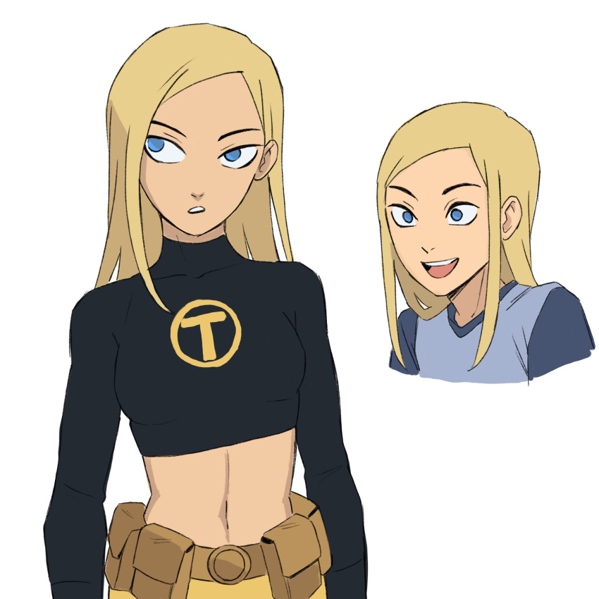 1girl animification belt blonde_hair blue_eyes bodysuit breasts cleavage commentary dc_comics english_commentary highres jenxd_d long_hair medium_breasts midriff navel simple_background smile solo teen_titans terra_(dc) utility_belt
