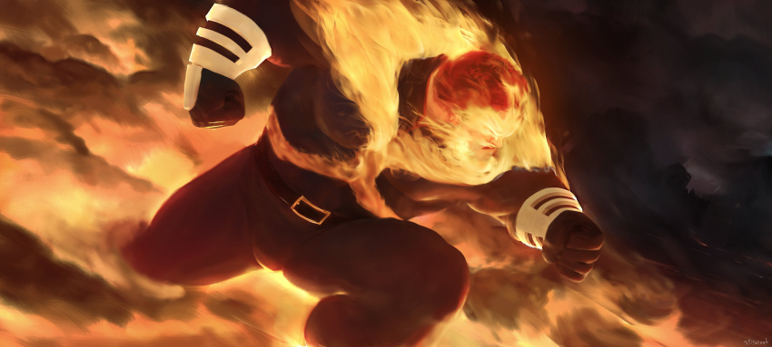 1boy a0secret absurdres bara beard belt boku_no_hero_academia bulge charging_forward clenched_hands endeavor_(boku_no_hero_academia) facial_hair feet_out_of_frame fiery_hair fire from_side full_beard highres large_pectorals legs_apart male_focus mature_male muscular muscular_male pectorals pyrokinesis revision short_hair smoke solo spiked_hair strongman_waist thick_beard thick_thighs thighs