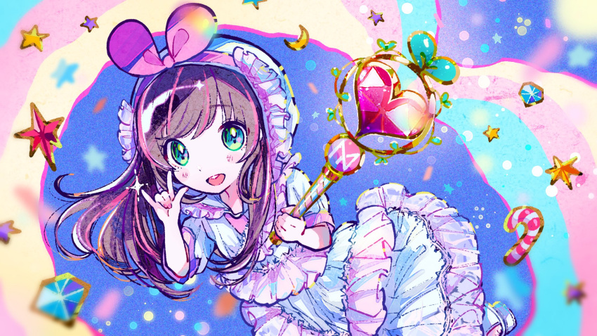 1girl :d \m/ blush bow brown_hair candy candy_cane commentary crescent diamond_(shape) dress english_commentary food frilled_dress frills green_eyes hair_bow hairband hands_up highres holding holding_wand kiato kizuna_ai kizuna_ai_inc. long_hair looking_at_viewer multicolored_hair open_mouth pink_bow pink_hair pink_hairband short_sleeves smile solo star_(symbol) streaked_hair virtual_youtuber wand white_dress