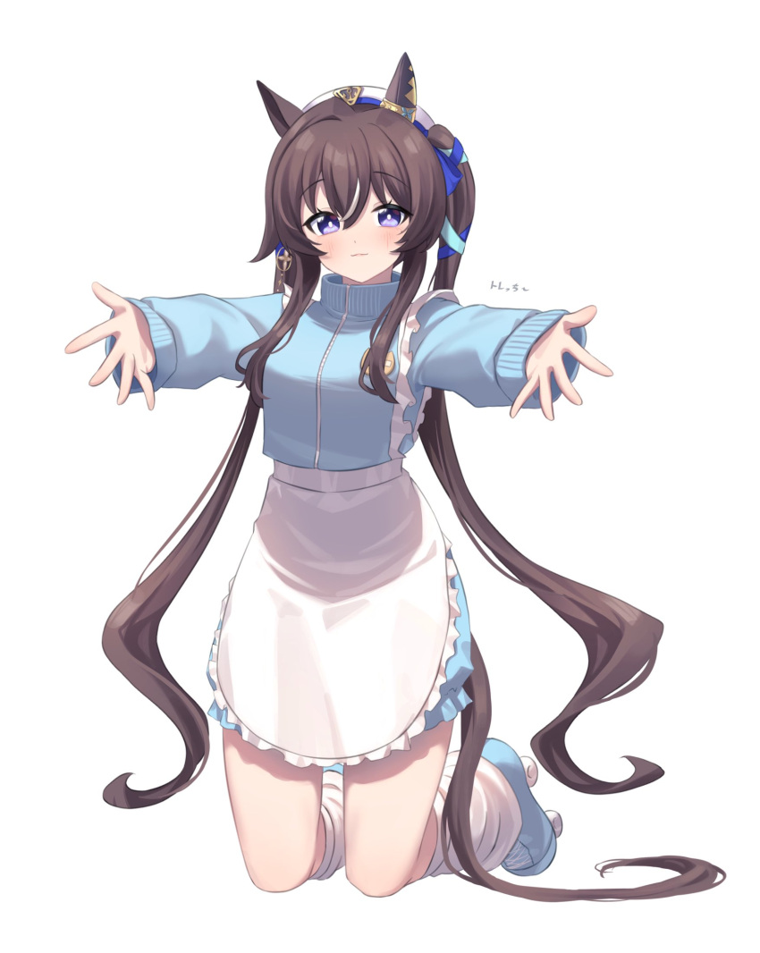 1girl alternate_costume animal_ears apron blue_footwear blue_jacket breasts brown_hair closed_mouth ear_covers frilled_apron frills hair_between_eyes highres horse_ears horse_girl horse_tail jacket jersey_maid katuko_deluxe kneeling long_hair long_sleeves looking_at_viewer loose_socks maid medium_breasts multicolored_hair outstretched_arms purple_eyes roller_skates simple_background single_ear_cover skates smile socks solo spread_arms spread_fingers streaked_hair tail twintails umamusume unconventional_maid very_long_hair vivlos_(umamusume) white_background white_hair white_headwear white_socks