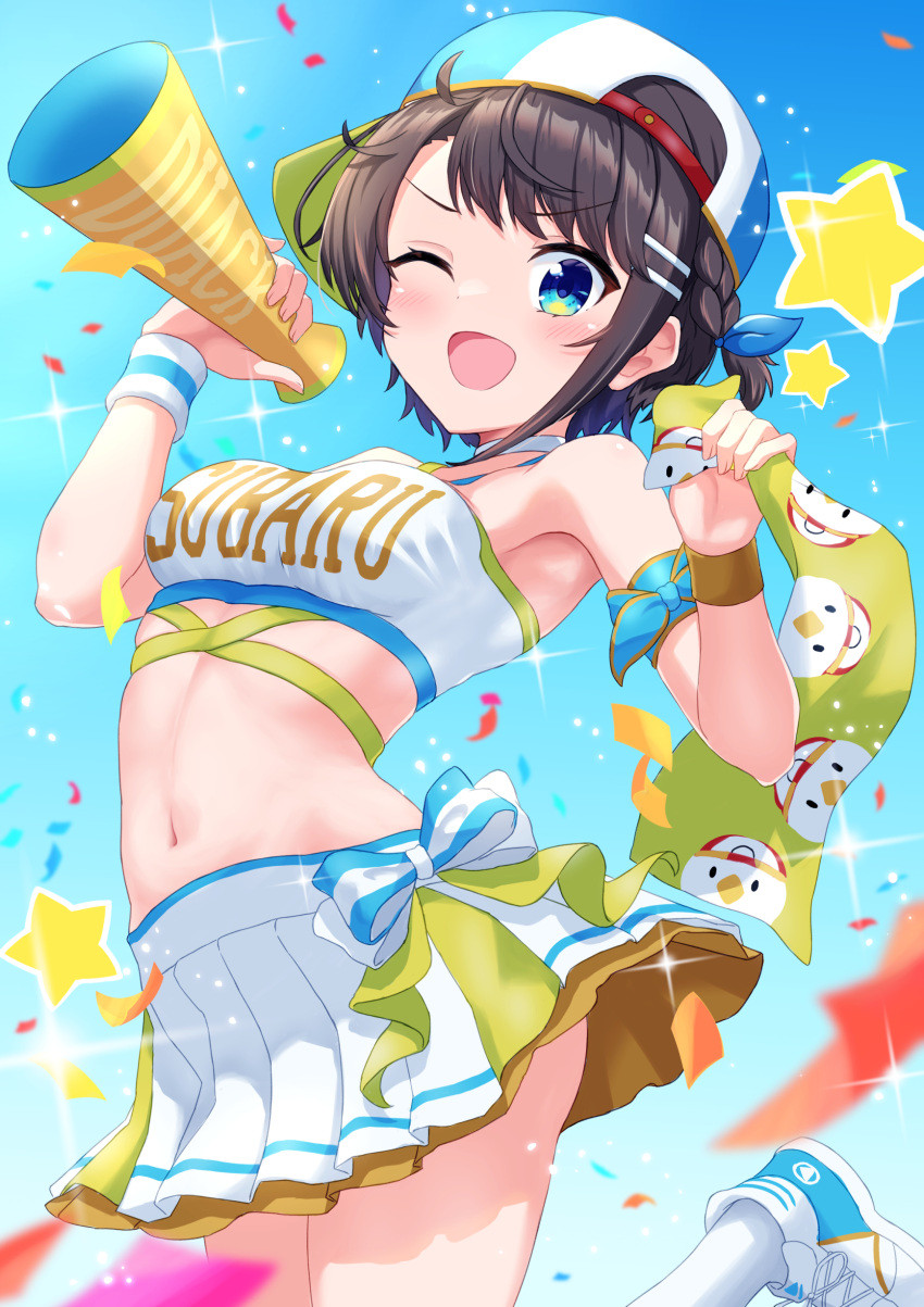 1girl absurdres alternate_costume baseball_cap blue_background blue_eyes breasts brown_hair character_name cheering cheerleader commentary_request confetti cowboy_shot gradient_background hair_ornament hairclip hat highres holding holding_megaphone hololive looking_at_viewer medium_breasts megaphone nushiya_(ayihsem) one_eye_closed oozora_subaru open_mouth pleated_skirt short_hair skirt smile solo sparkle star_(symbol) stomach strapless subaru_duck towel tube_top virtual_youtuber white_headwear white_skirt