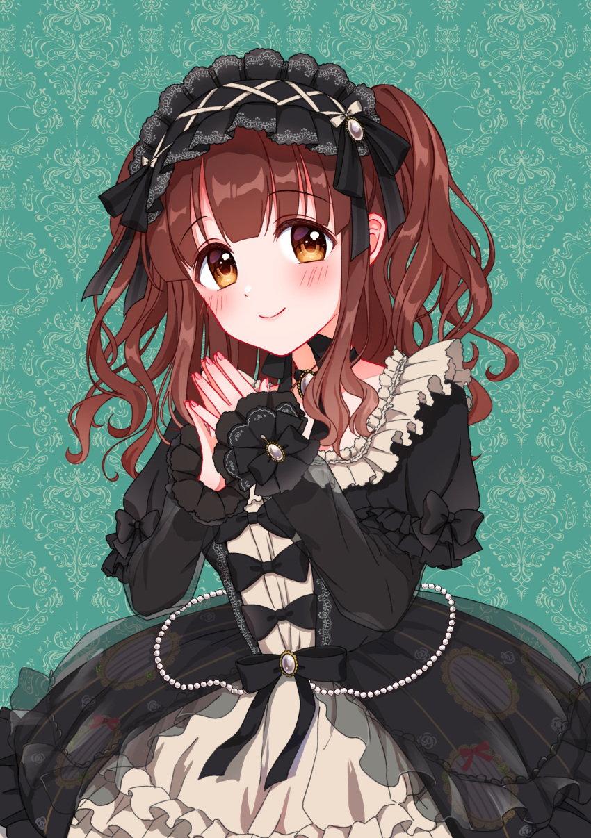 1girl absurdres alternate_costume black_dress black_hairband blush brown_hair chiaki1126iove dress fingernails frilled_hairband frills gothic_lolita hairband highres idolmaster idolmaster_cinderella_girls lolita_fashion looking_at_viewer ogata_chieri own_hands_together patterned_background smile solo two_side_up