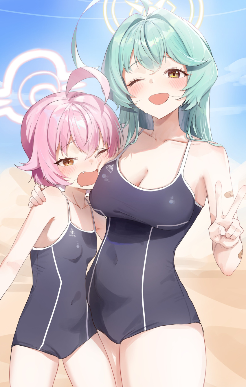 2girls absurdres abydos_high_school_swimsuit ahoge bare_arms bare_legs bare_shoulders black_one-piece_swimsuit blue_archive blush breasts cleavage covered_navel day desert fang green_hair hair_between_eyes halo highres hoshino_(blue_archive) hoshino_(young)_(blue_archive) huge_ahoge large_breasts long_hair multiple_girls nonoa one-piece_swimsuit open_mouth outdoors pink_hair pink_halo school_swimsuit short_hair small_breasts smile swimsuit v yellow_eyes yellow_halo yume_(blue_archive)