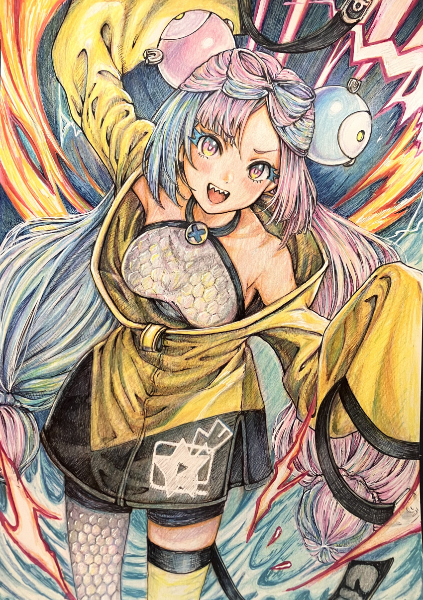 1girl :d absurdres breasts colored_eyelashes colored_pencil_(medium) commentary_request highres iono_(pokemon) jacket long_hair looking_at_viewer multicolored_hair open_mouth pantyhose pink_hair pokemon pokemon_sv sharp_teeth shirt sleeveless sleeveless_shirt sleeves_past_fingers sleeves_past_wrists smile star_(symbol) star_print teeth thigh_strap tofumental1024 traditional_media twintails two-tone_hair upper_teeth_only yellow_jacket