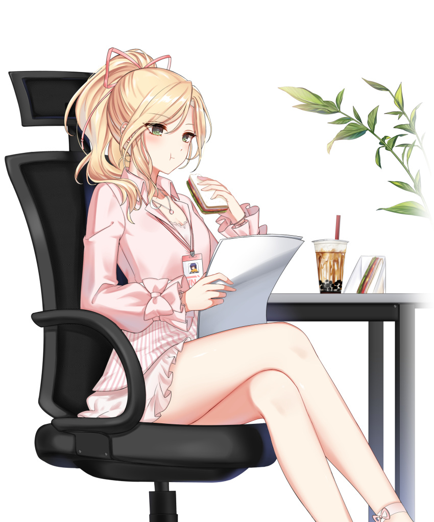 1girl :t alternate_hair_color anklet bare_legs blonde_hair bow bubble_tea business_casual chair closers collared_shirt crossed_legs cup disposable_cup dress_shirt drinking_straw eating eunha_(closers) feet_out_of_frame food full_mouth green_eyes hair_ribbon hand_up highres holding holding_food holding_paper id_card jewelry lanyard long_sleeves looking_down medium_hair miniskirt office_chair office_lady official_art on_chair paper pendant pink_bow pink_ribbon pink_shirt plant ponytail reading ribbon sandwich shirt shirt_under_shirt sitting skirt sleeve_bow solo swivel_chair table white_background white_skirt white_undershirt