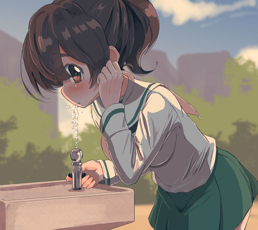 1girl black_neckerchief blouse blue_sky blurry blurry_background brown_eyes brown_hair cloud cloudy_sky commentary day drinking drinking_fountain from_side girls_und_panzer green_skirt hand_in_own_hair highres jinguu_(4839ms) koyama_yuzu leaning_forward looking_at_viewer medium_hair miniskirt neckerchief ooarai_school_uniform outdoors parted_lips pleated_skirt ponytail sailor_collar school_uniform serafuku shirt short_ponytail skirt sky solo water white_sailor_collar