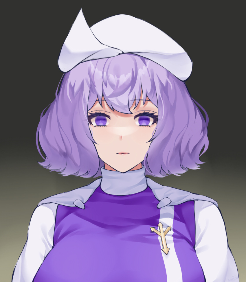 1girl aroevela black_background closed_mouth commentary gradient_background highres lapel_pin letty_whiterock looking_at_viewer purple_eyes purple_hair short_hair solo touhou upper_body white_headwear