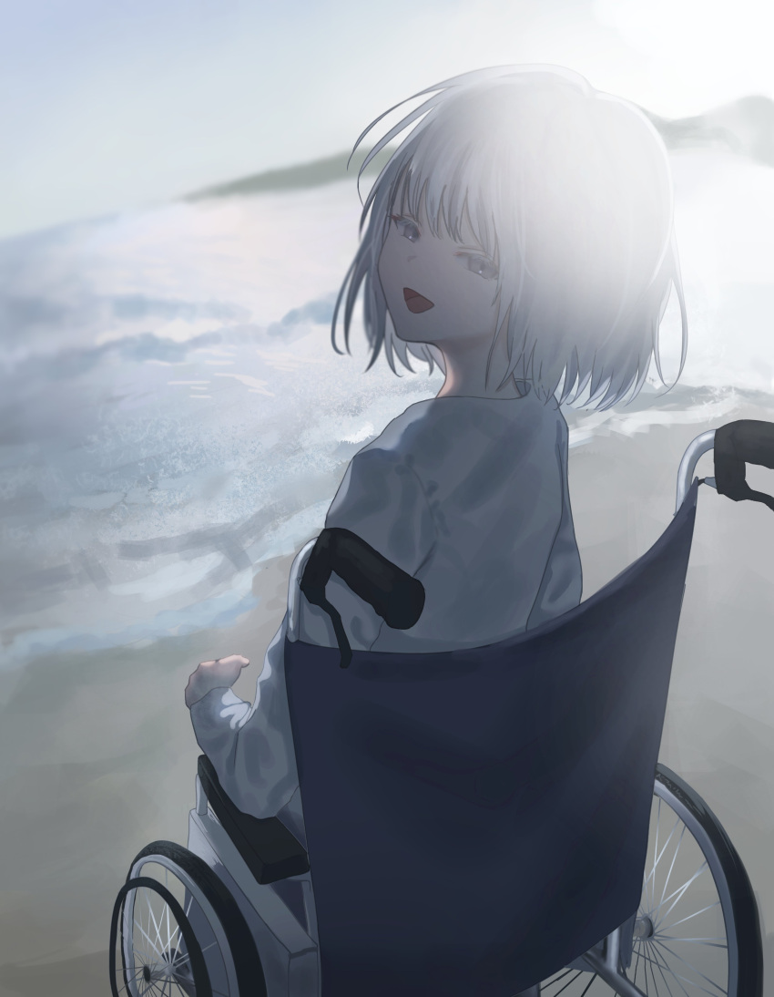 1girl :d absurdres beach brown_eyes day from_behind highres kyano_(kyanora3141) looking_at_viewer ocean original outdoors shirt short_hair sitting smile solo sun_glare wheelchair white_hair white_shirt