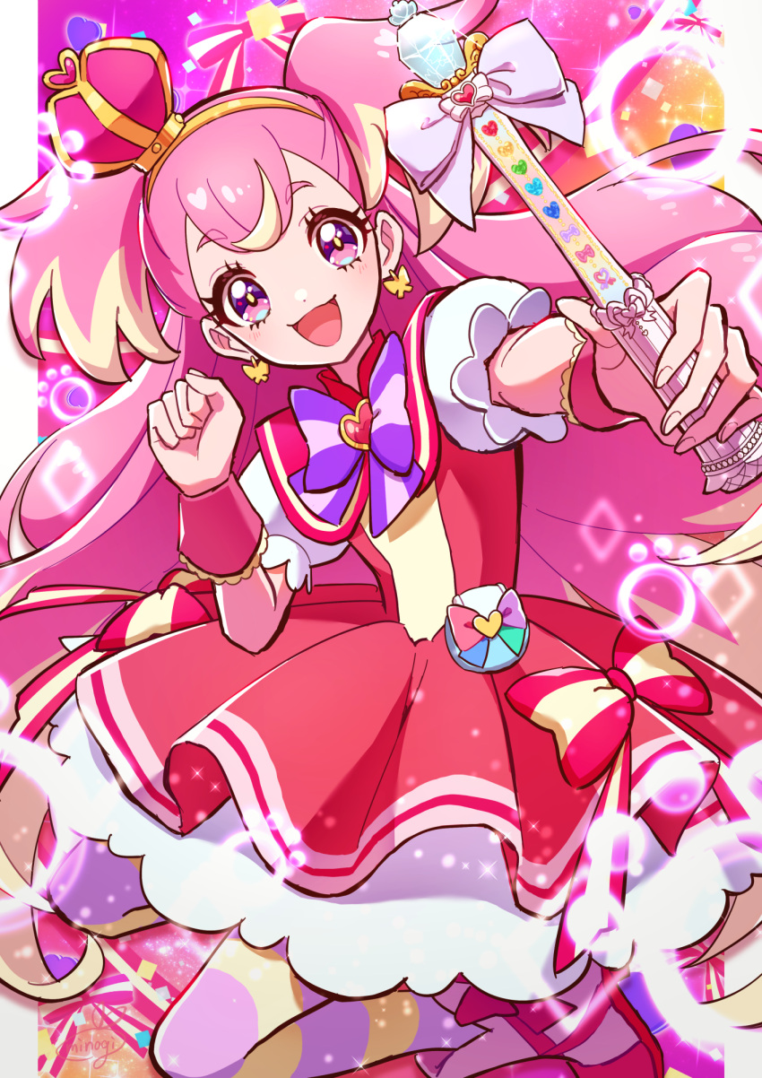 1girl :d blonde_hair blue_eyes bow bright_pupils brooch crown cure_wonderful dot_nose dress dress_bow earrings fingernails hairband heart heart_brooch highres holding holding_wand inukai_komugi jewelry long_hair looking_at_viewer magical_girl mini_crown minogi1029 multicolored_background multicolored_bow multicolored_eyes multicolored_hair multicolored_pantyhose open_mouth pantyhose petticoat pink_dress pink_footwear pink_hair pink_wrist_cuffs pouch precure puffy_sleeves purple_bow purple_eyes shoes short_dress smile solo streaked_hair striped_bow striped_clothes striped_pantyhose tilted_headwear two-tone_hair two_side_up wand wonderful_precure! wrist_cuffs yellow_hairband