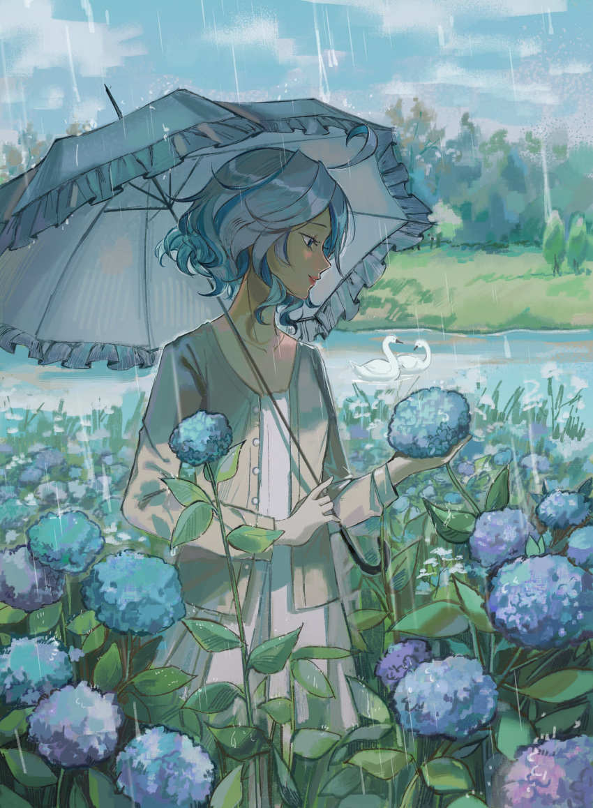 1girl absurdres alternate_costume bird blue_eyes blue_hair blue_sky casual collarbone dress field flower flower_field furina_(genshin_impact) genshin_impact grey_shirt highres holding holding_umbrella hydrangea lake lankie lips looking_at_flowers outdoors parted_lips rain shade shirt short_hair sky solo swan umbrella umbrella_over_shoulder upper_body white_dress