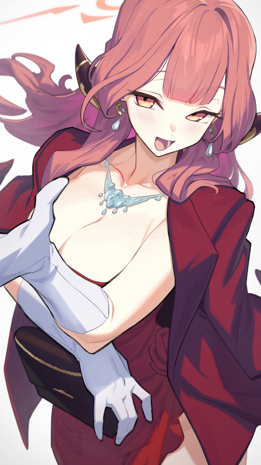 1girl :d aru_(blue_archive) aru_(dress)_(blue_archive) blue_archive breasts cleavage coat coat_on_shoulders dress earrings gloves gradient_background grey_background halo hata4564 highres horns jewelry long_hair looking_at_viewer necklace official_alternate_costume open_mouth pearl_earrings red_coat red_dress red_hair red_halo smile solo white_background white_gloves yellow_eyes