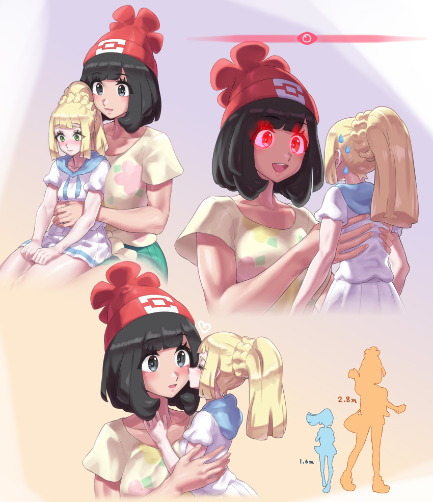 2girls beanie black_eyes black_hair blonde_hair collarbone commentary_request giant giantess glowing glowing_eyes green_eyes green_shorts hat heart height_difference highres kiss kissing_cheek lillie_(pokemon) long_hair looking_at_another looking_at_viewer mizuumi_(bb) multiple_girls pokemon pokemon_sm print_shirt red_eyes red_headwear selene_(pokemon) shirt short_hair short_sleeves shorts skirt smile white_shirt white_skirt yellow_shirt yuri