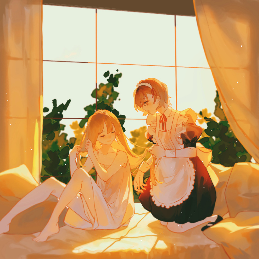 2girls apron bare_arms bare_legs barefoot black_dress blonde_hair brown_hair camisole closed_eyes closed_mouth curtains day dress flat_chest hair_ribbon hand_in_own_hair highres holding_another's_hair indoors kneeling knees_up light_particles long_hair maid maid_apron maid_headdress misaka_mikoto multiple_girls on_bed parted_lips profile puffy_short_sleeves puffy_sleeves red_ribbon ribbon shokuhou_misaki short_hair short_sleeves sitting sky spaghetti_strap sunlight toaru_kagaku_no_railgun toaru_majutsu_no_index tree white_camisole white_wrist_cuffs window wrist_cuffs yellow_theme youlili yuri