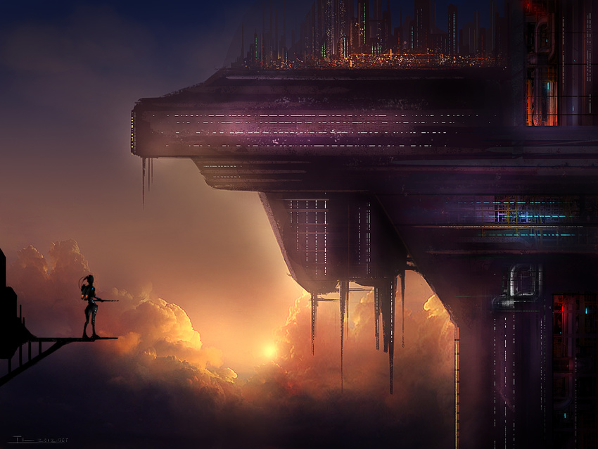 cityscape cloud dusk epic highres jetpack mecha no_humans original realistic scenery science_fiction sky tlrose