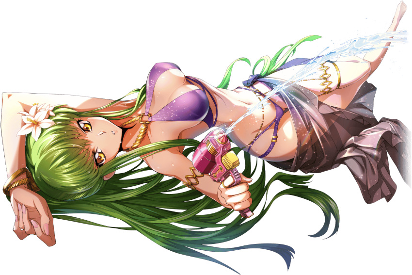 1girl aiming aiming_at_viewer arm_up armlet artist_request bare_shoulders barefoot bikini black_sarong blush breasts c.c. code_geass code_geass:_lost_stories finger_on_trigger firing full_body game_cg gold green_hair highres holding holding_water_gun jewelry knees_together_feet_apart light_blush long_hair looking_at_viewer lying medium_breasts multi-strapped_bikini_bottom multi-strapped_bikini_top navel non-web_source o-ring o-ring_bikini official_art on_back parted_lips purple_bikini ring sarong see-through_sarong sidelocks simple_background skindentation solo squirting_liquid stomach sweat swimsuit teeth thighlet transparent_background very_long_hair water water_gun yellow_eyes