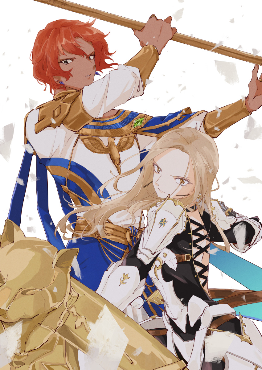 1boy 1girl absurdres armor back_cutout blonde_hair bodysuit brown_eyes clothing_cutout dark-skinned_male dark_skin dohalim_(tales) earrings highres holding holding_shield holding_staff jewelry kisara_(tales) long_hair looking_at_viewer red_hair robe serious shield short_hair shoulder_armor simple_background staff tales_of_(series) tales_of_arise white_background white_robe youme_xz