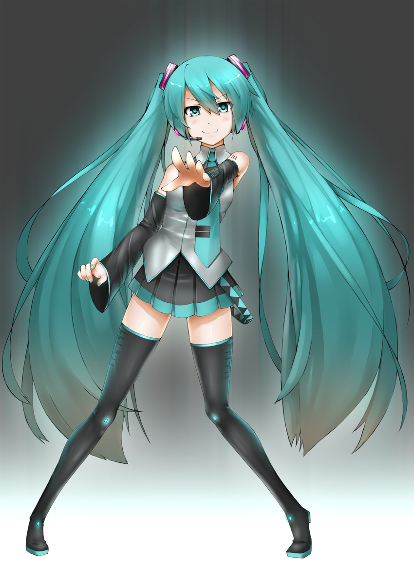 absurdres aqua_eyes aqua_hair bad_id bad_pixiv_id boots detached_sleeves hatsune_miku headset highres hullzion long_hair necktie outstretched_arm skirt smile solo thigh_boots thighhighs twintails very_long_hair vocaloid