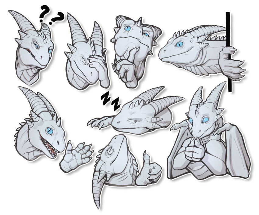 ambiguous_gender blue_eyes dragon facepalm feral gesture glistening glistening_eyes grey_body grey_horn grey_scales grey_wings hand_gesture hi_res horn khyaber looking_at_viewer membrane_(anatomy) membranous_wings mouth_closed multiple_images open_mouth pupils scales scalie semi-anthro sleeping slit_pupils solo thinking_pose thumbs_up waving waving_at_viewer wings