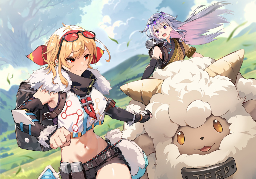 2girls alternate_costume bare_shoulders blonde_hair highres hololive hololive_english hololive_indonesia kaela_kovalskia koseki_bijou medium_hair multiple_girls navel open_mouth palworld popo_(popo0cat) purple_eyes red_eyes riding riding_animal white_hair