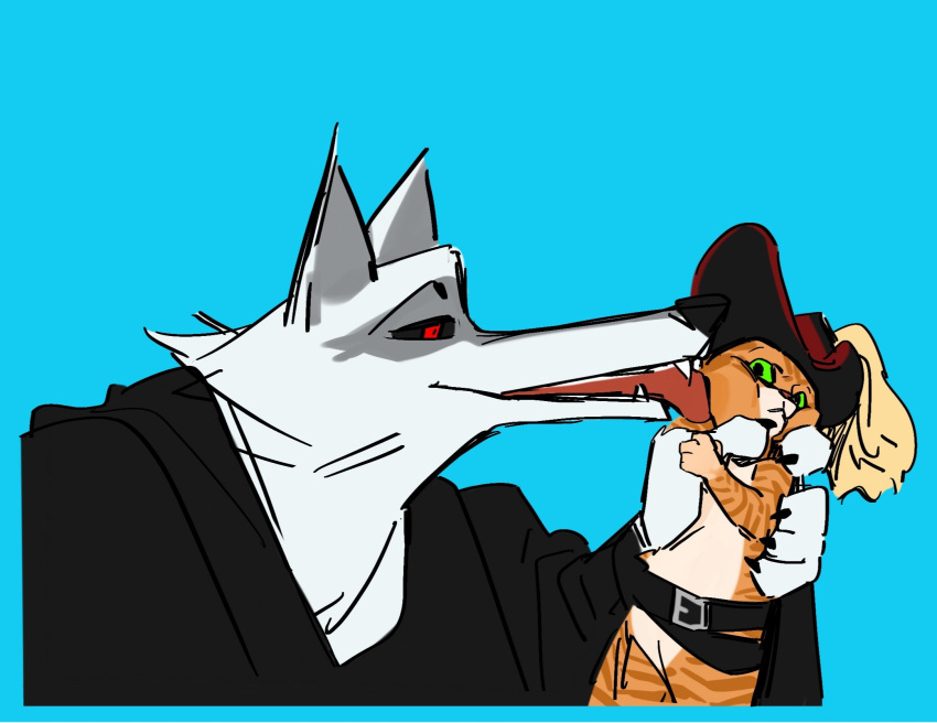 aifu404 anthro belt blue_background canid canine canis cape cheek_lick claws clothing death_(puss_in_boots) domestic_cat dreamworks duo face_lick facial_markings felid feline felis fur green_eyes hand_held handheld hat head_markings headgear headwear hi_res licking licking_another looking_at_another male male/male mammal markings mask_(marking) open_mouth orange_body orange_fur poncho puss_in_boots_(character) puss_in_boots_(dreamworks) red_eyes simple_background size_difference smile tabby_cat tongue tongue_out white_body white_fur wolf