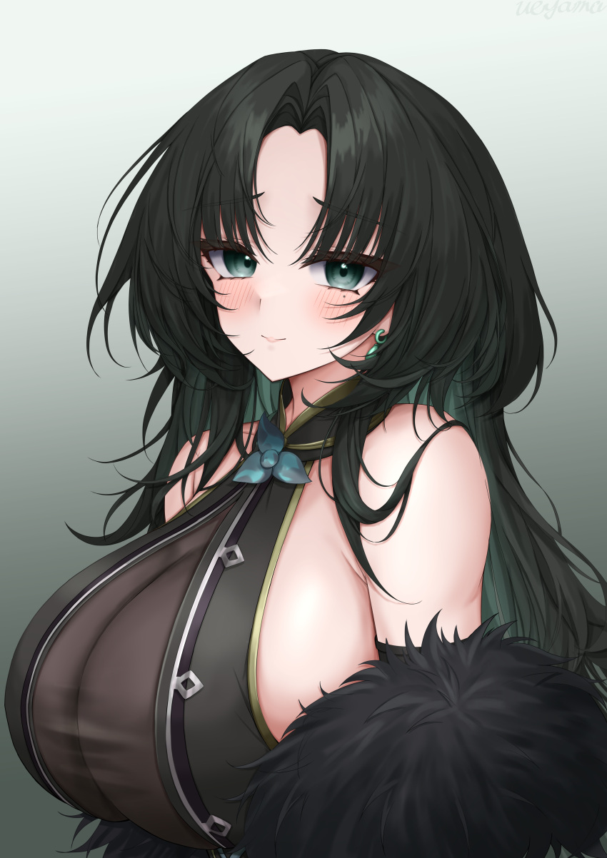 1girl absurdres azur_lane bare_shoulders black_hair blush breasts cleavage closed_mouth colored_inner_hair commentary_request earrings gradient_background green_background green_eyes green_hair highres huan_ch'ang_(azur_lane) jewelry large_breasts looking_at_viewer mole mole_under_eye multicolored_hair parted_bangs see-through see-through_cleavage sideboob simple_background smile solo ueyama_0clock upper_body